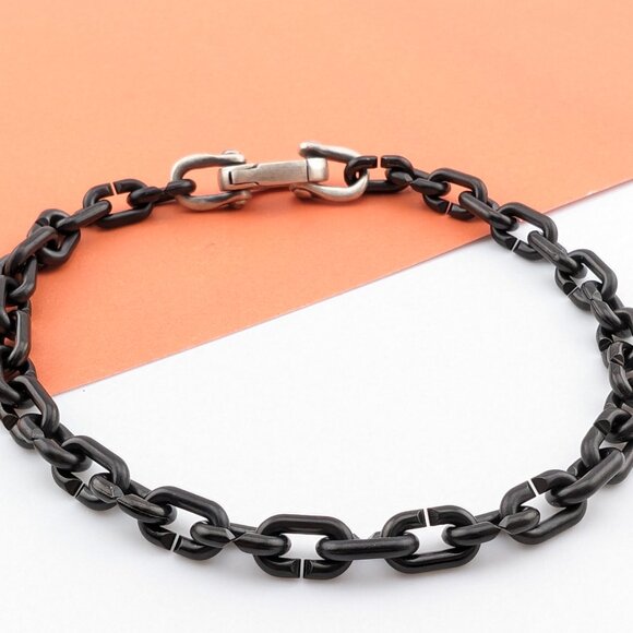 DAVID YURMAN Sterling Silver Black Titanium Narrow Link Chain 9 inch Bracelet